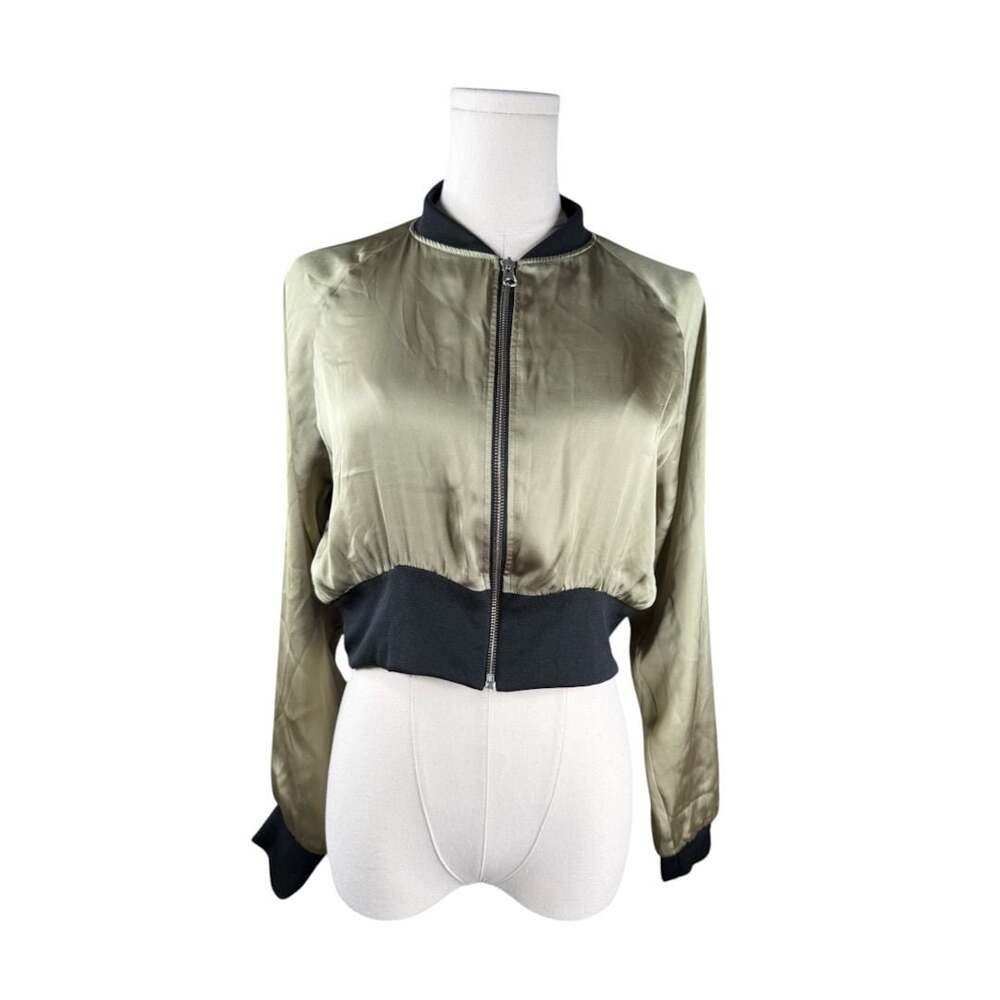 Zara W/B Collection Khaki Green Satin Cropped Bomber Jacket Sz. S